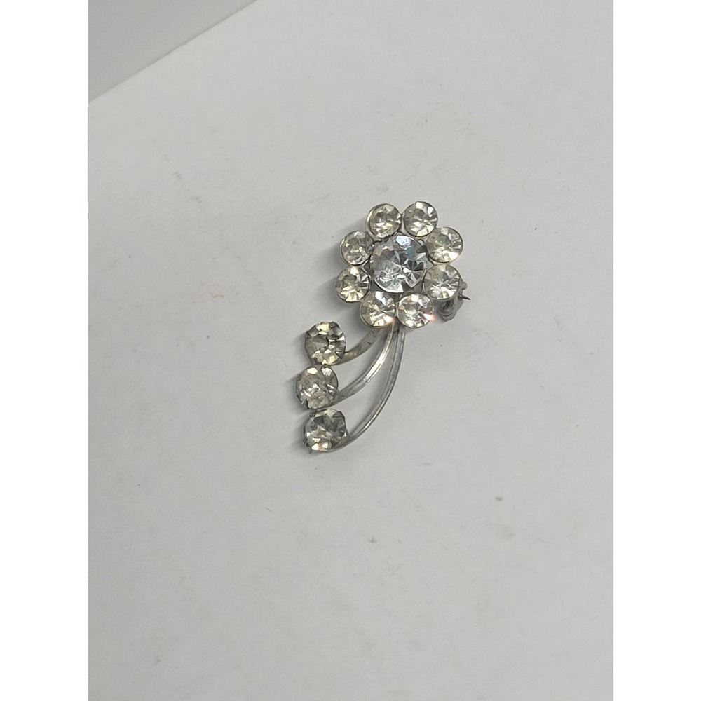 Vintage Silver Tone Clear Rhinestone Floral Spray Brooch Pin Mid-Century Design